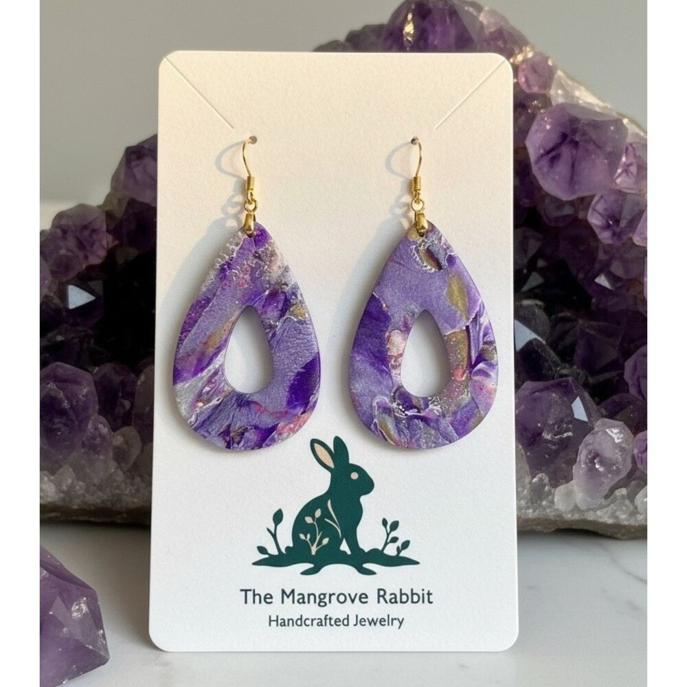 Purple Pink Gold Pearl Marble Design Handmade Polymer Clay Dangle Earrings SS